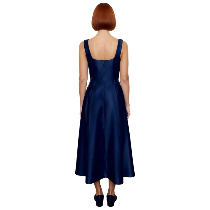 Kadın Skater Kalıp Midi Boy Saten Dokuma Kare Yaka Kokteyl Şık Mezuniyet Elbisesi Kalın Askılı