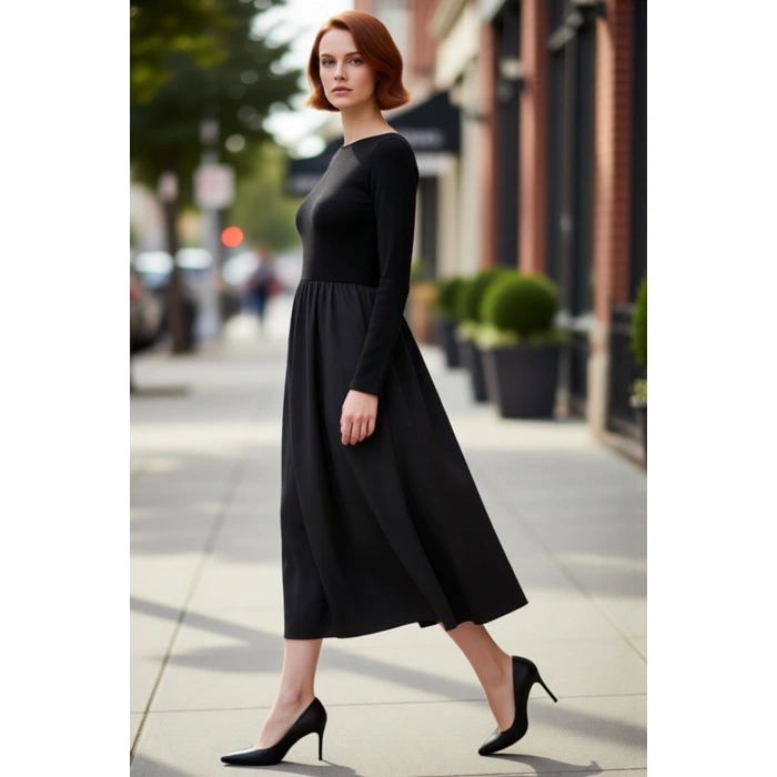 Kadın Skater Kalıp Uzun Kollu Kayık Yaka Maxi Boy Örme Dokuma Kışlık Elbise Günlük Şıklık İçin