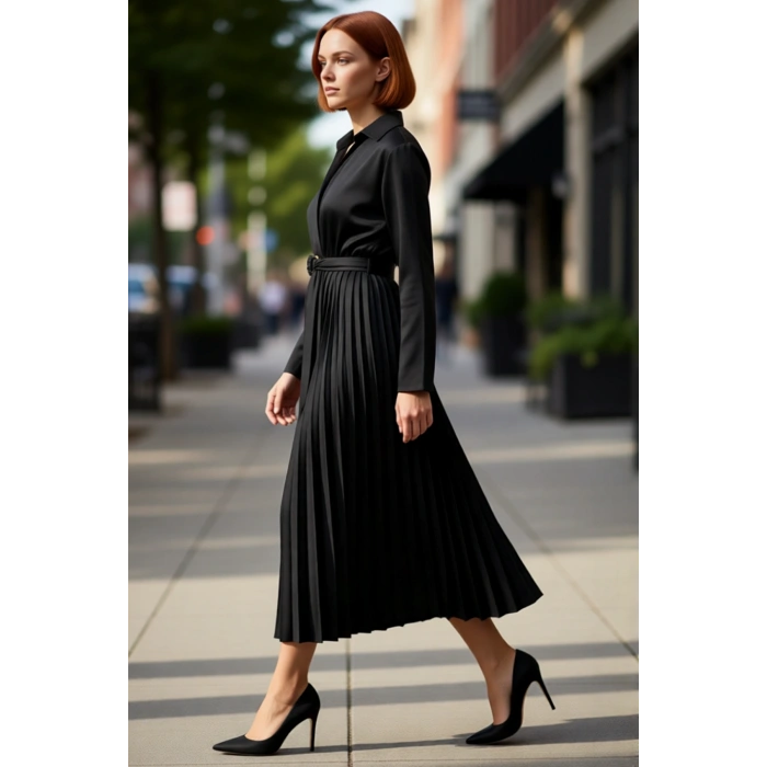 Kadın Skater Kalıp Uzun Kollu Kuşaklı Piliseli Etek Ceket Yaka Crinkle Dokuma Midi Elbise Kaliteli