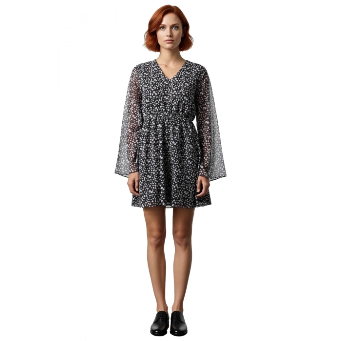 Kadın Skater Kalıp V Yaka Çiçek Desenli Şifon Mini Elbise İlkbahar Yaz Şıklığı İçin İdeal Seçim