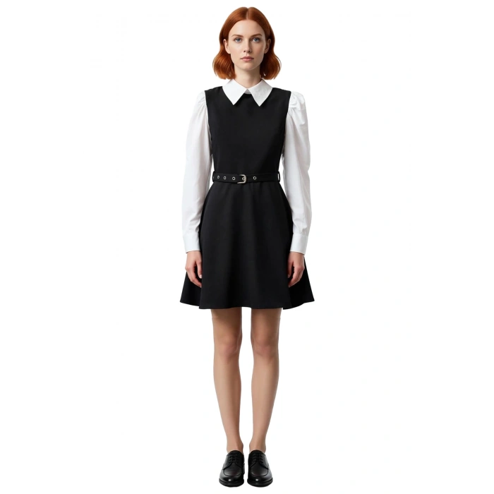 Kadın Skater Kemerli Gömlek Yaka Balon Kol Detaylı Mini Dokuma Elbise Şık Ve Zarif Görünüm Sunar