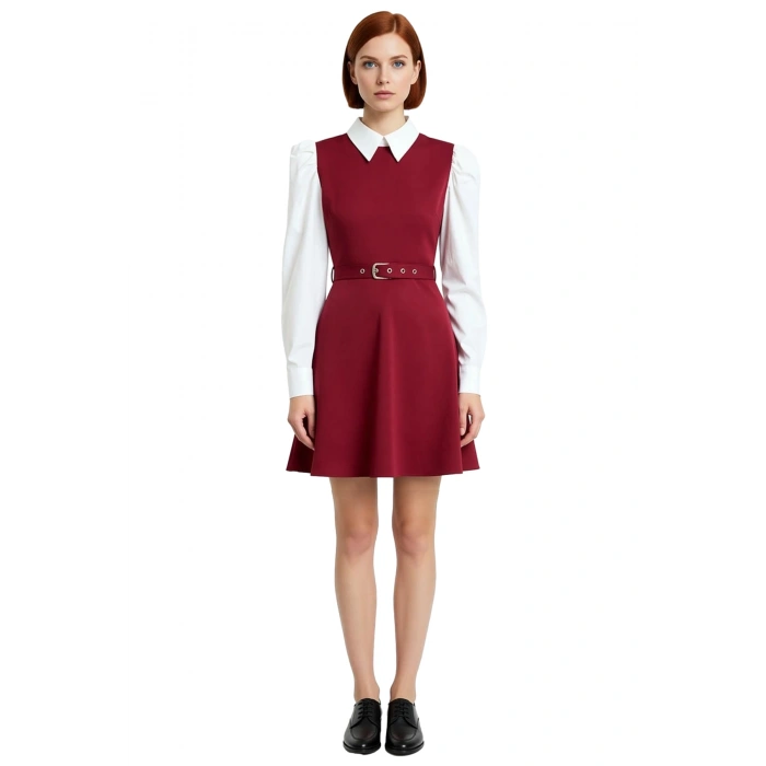 Kadın Skater Kemerli Gömlek Yaka Balon Kol Detaylı Mini Dokuma Elbise Şık Ve Zarif Görünüm Sunar