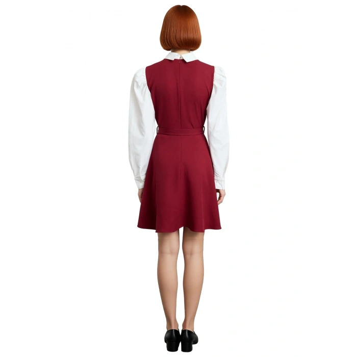 Kadın Skater Kemerli Gömlek Yaka Balon Kol Detaylı Mini Dokuma Elbise Şık Ve Zarif Görünüm Sunar