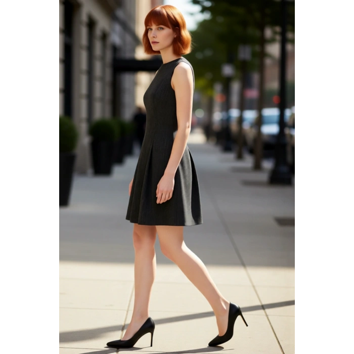 Kadın Skater Kesim Kolsuz Mini Elbise Bisiklet Yaka Dokuma Kumaş Yaz Ve İlkbahar Şıklığı Kaliteli