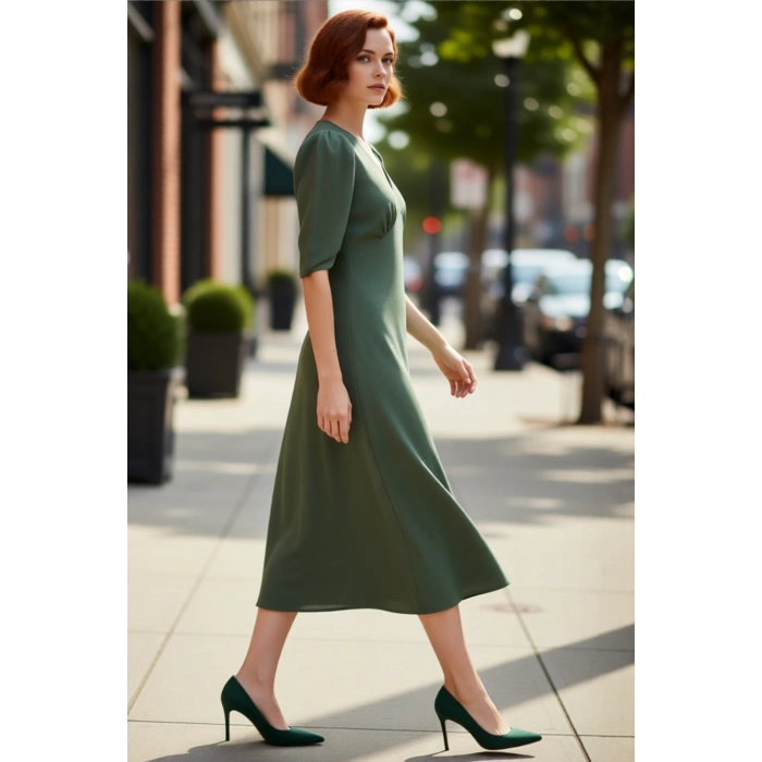 Kadın Skater Krep V Yaka Büzgülü Truvakar Kol Midi Boy Düz Dokuma Elbise Şık Ve Rahat Kaliteli