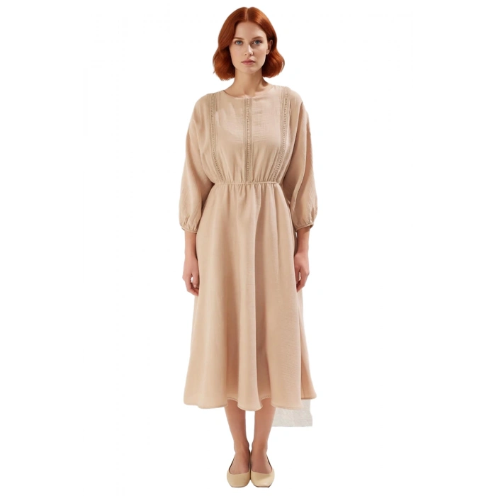 Kadın Skater Midi Balon Kol Dantel Detaylı %100 Pamuk Müslin Elbise Günlük Şıklık İçin İdeal