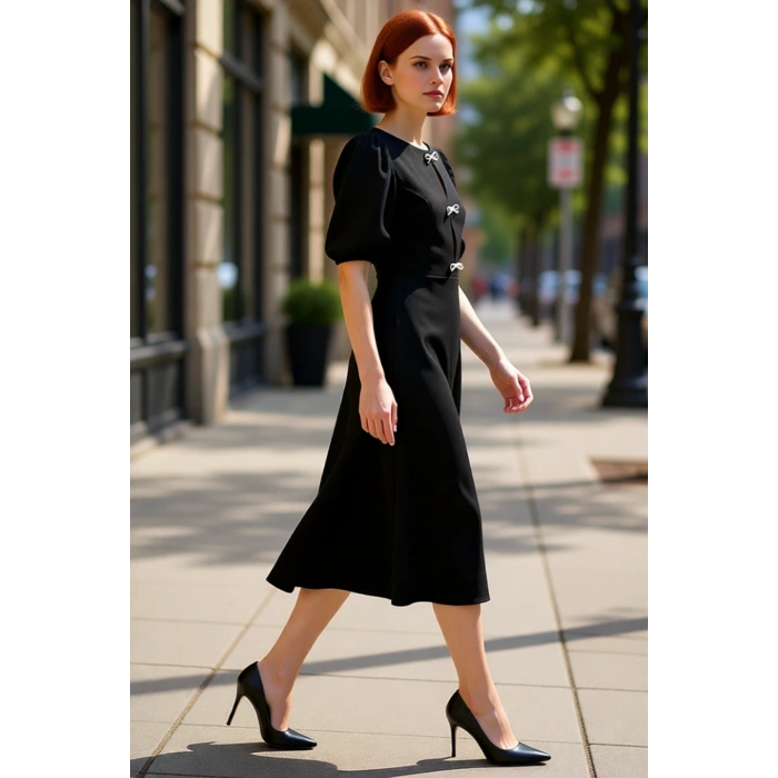 Kadın Skater Midi Bisiklet Yaka Balon Kol Fiyonklu Eteği Belden Açılan Şık Gece Kokteyl Elbisesi