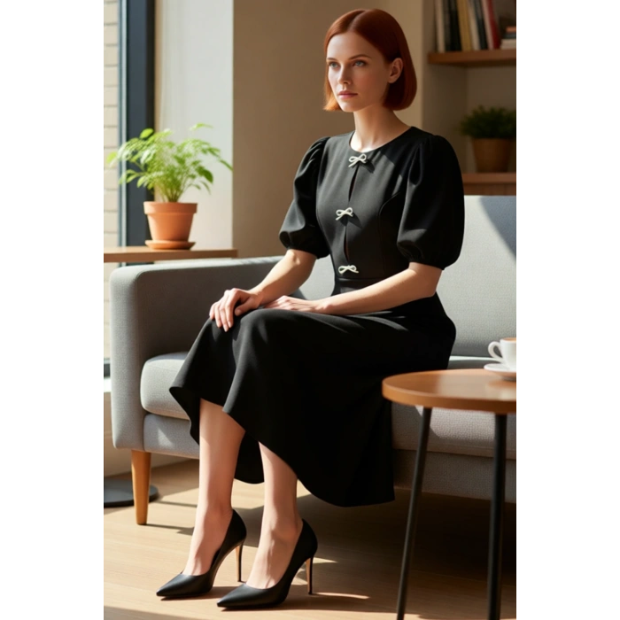 Kadın Skater Midi Bisiklet Yaka Balon Kol Fiyonklu Eteği Belden Açılan Şık Gece Kokteyl Elbisesi