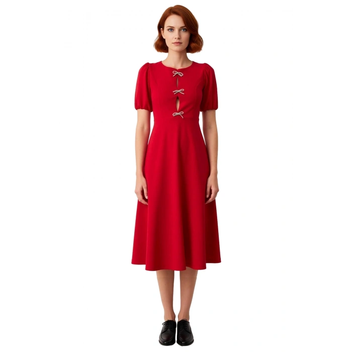 Kadın Skater Midi Bisiklet Yaka Balon Kol Fiyonklu Eteği Belden Açılan Şık Gece Kokteyl Elbisesi