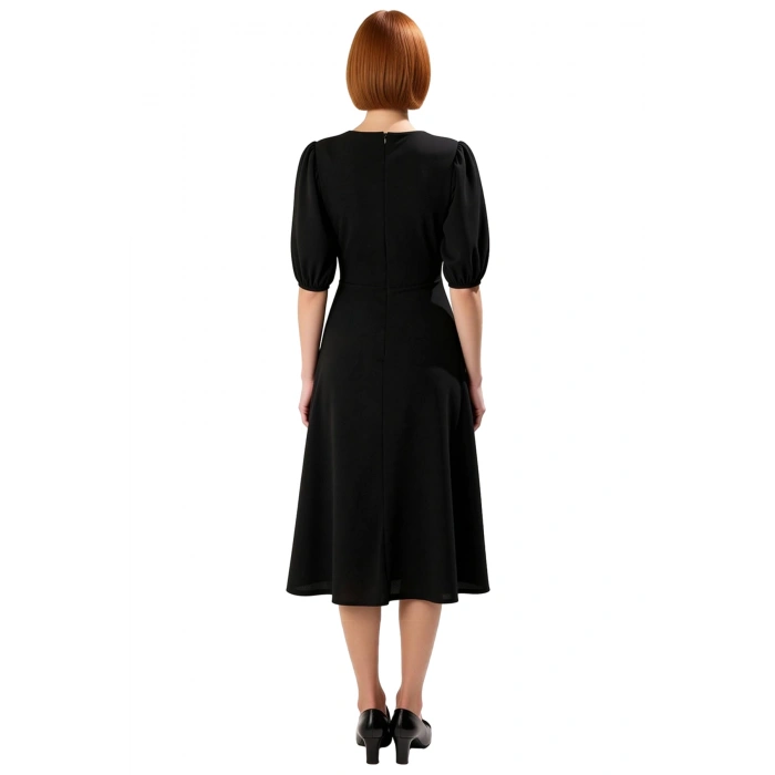 Kadın Skater Midi Bisiklet Yaka Balon Kol Fiyonklu Eteği Belden Açılan Şık Gece Kokteyl Elbisesi