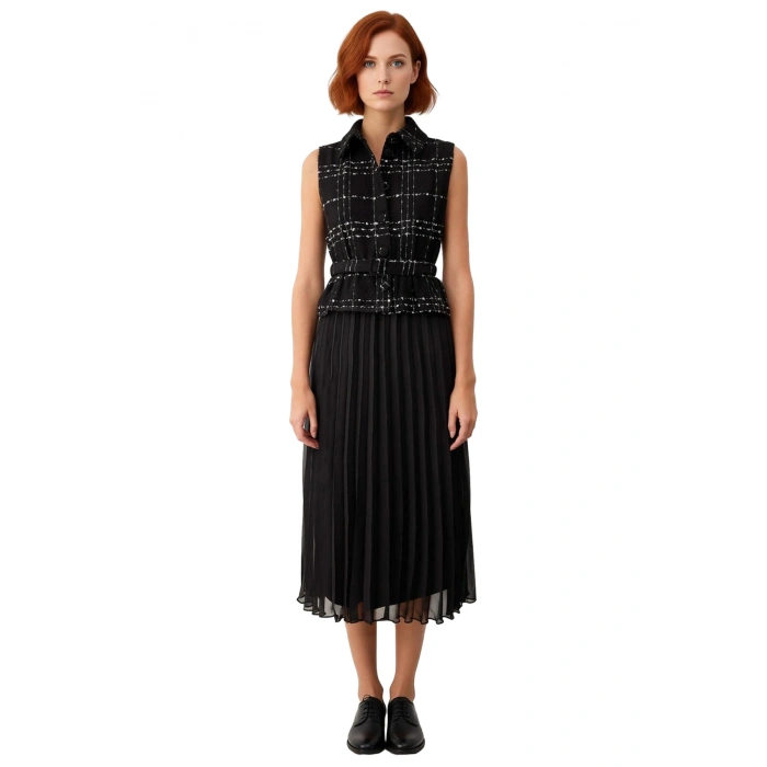 Kadın Skater Midi Elbise Gömlek Yaka Kolsuz Tüvit Dokuma Detaylı Kemerli Piliseli Şık Tasarım