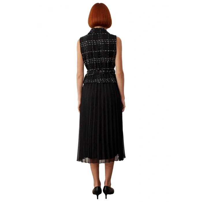 Kadın Skater Midi Elbise Gömlek Yaka Kolsuz Tüvit Dokuma Detaylı Kemerli Piliseli Şık Tasarım