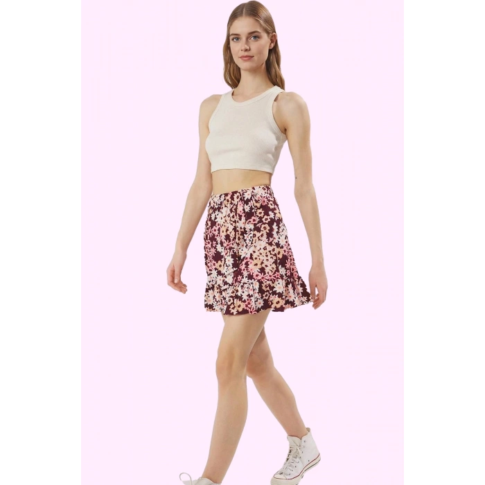 Kadın Skater Mini Etek Polyester Kaşkorse Kumaş Çiçekli Desenli Yazlık Yaz Aylarının Vazgeçilmezi
