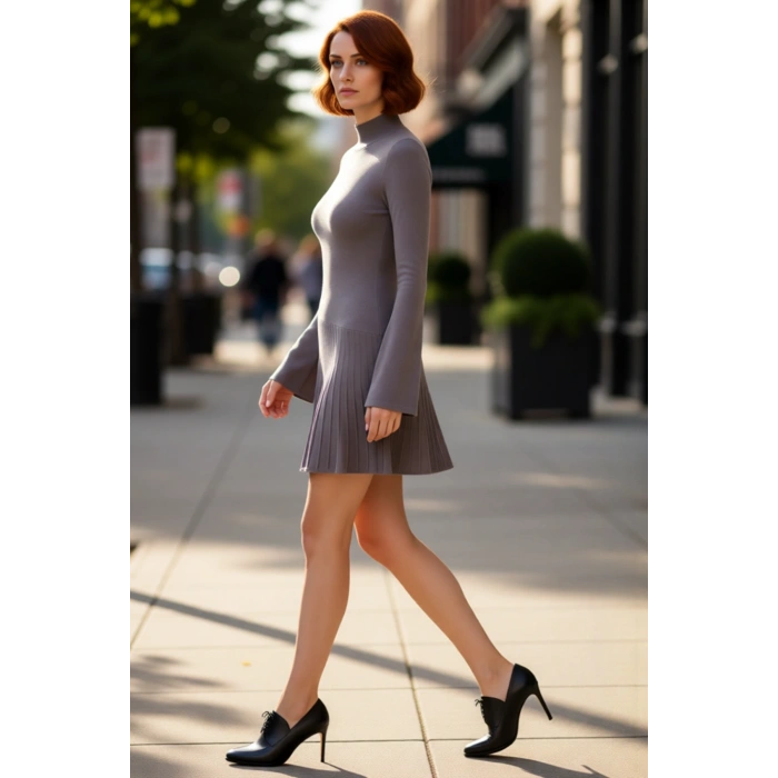Kadın Skater Siluet Dik Yaka İnce Triko Elbise Uzun Kol Rahat Kışlık Şık Günlük Modern Kombin