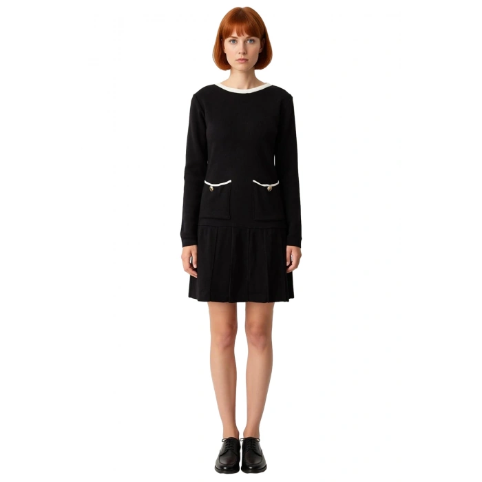 Kadın Skater Silüet Renk Bloklu Bisiklet Yaka Uzun Kollu Rahat Günlük Triko Mini Elbise Kaliteli