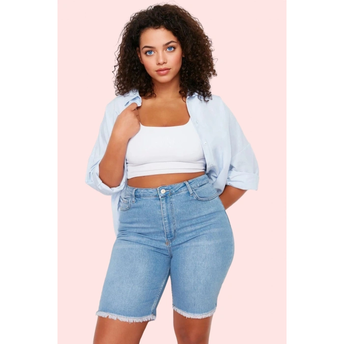 Kadın Skinny Denim Şort Yüksek Bel Düz Desenli Rahat Günlük Kombin Yaz Aylarının Vazgeçilmezi