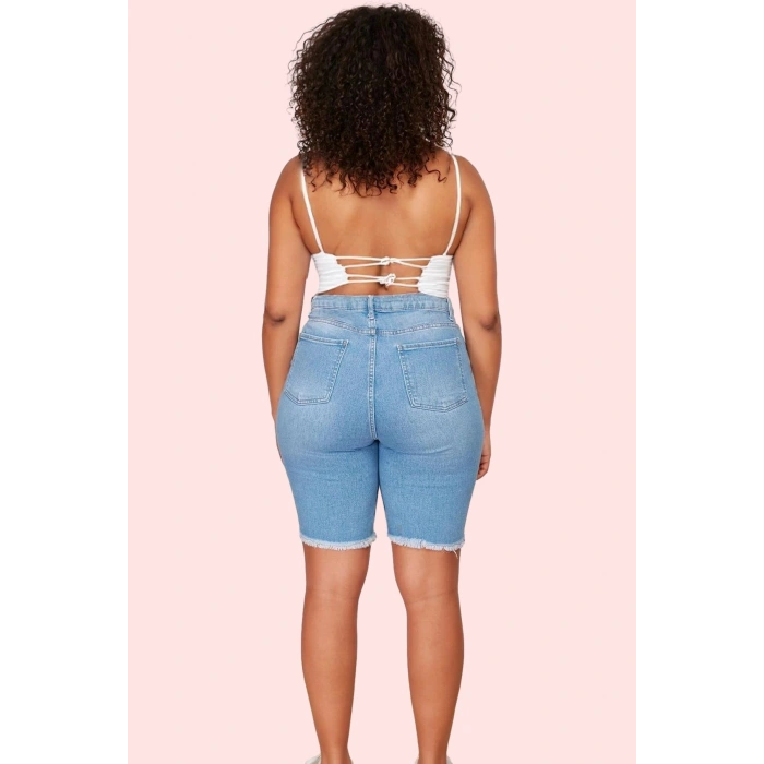 Kadın Skinny Denim Şort Yüksek Bel Düz Desenli Rahat Günlük Kombin Yaz Aylarının Vazgeçilmezi