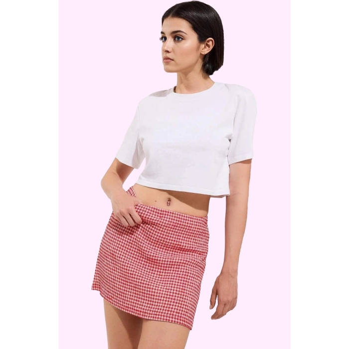 Kadın Slim Fit Kareli Mini Örme Etek Şort Detaylı Rahat Yazlık Günlük Kullanım Özel Günler