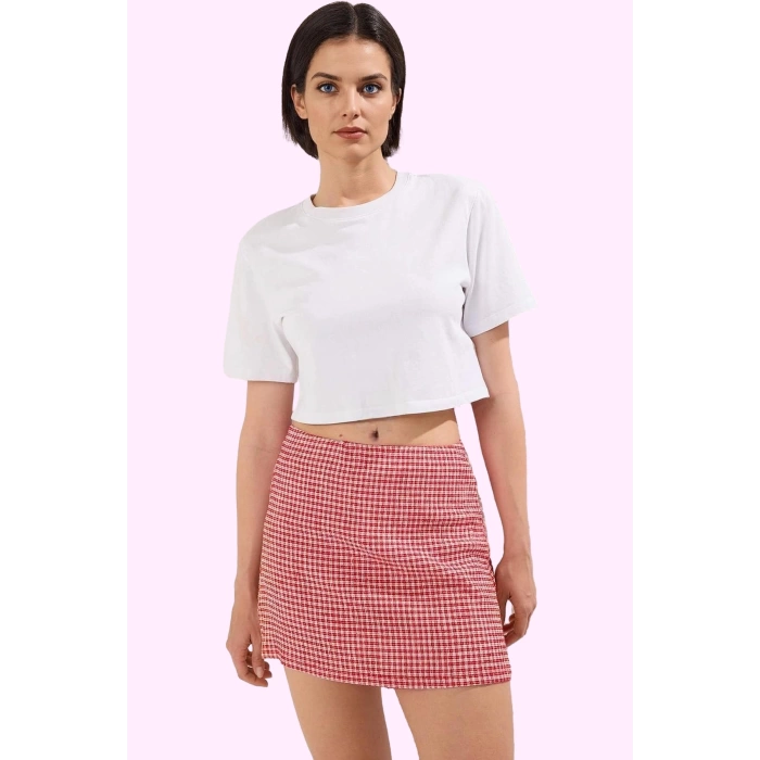 Kadın Slim Fit Kareli Mini Örme Etek Şort Detaylı Rahat Yazlık Günlük Kullanım Özel Günler
