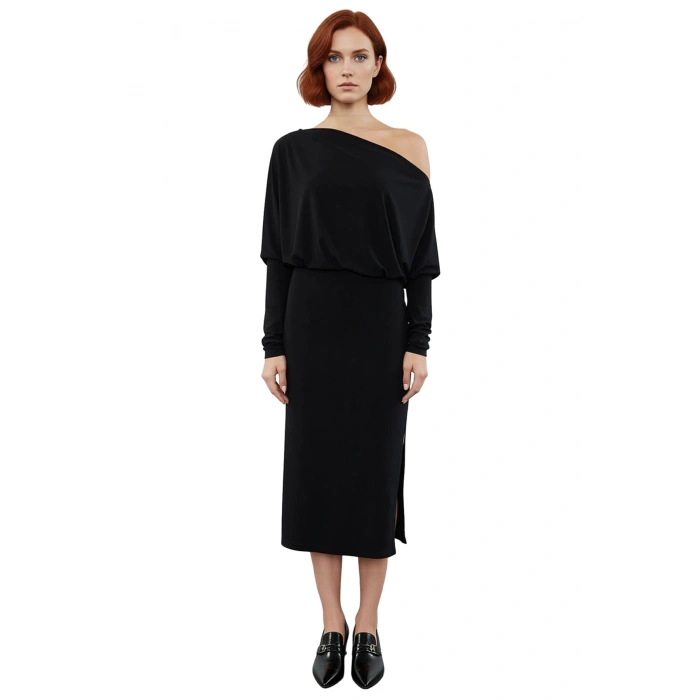 Kadın Smart Bodycon Asimetrik Yaka Düz Düşük Uzun Kollu Yırtmaç Detaylı Örme Midi Elbise Kış İçin