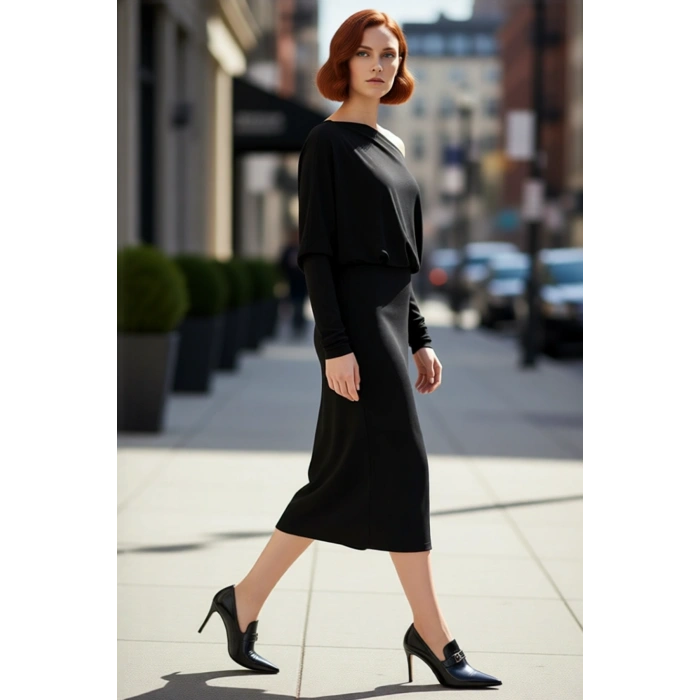 Kadın Smart Bodycon Asimetrik Yaka Düz Düşük Uzun Kollu Yırtmaç Detaylı Örme Midi Elbise Kış İçin