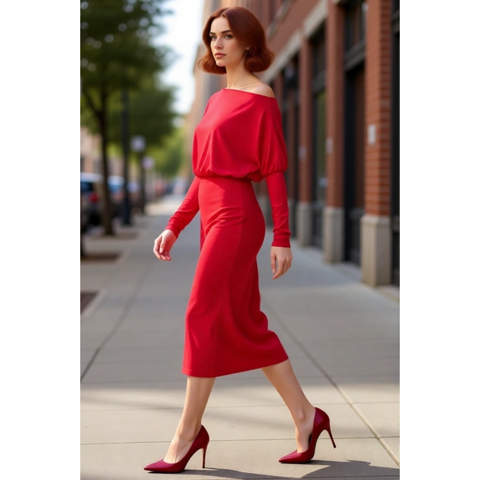 Kadın Smart Bodycon Asimetrik Yaka Düz Düşük Uzun Kollu Yırtmaç Detaylı Örme Midi Elbise Kış İçin