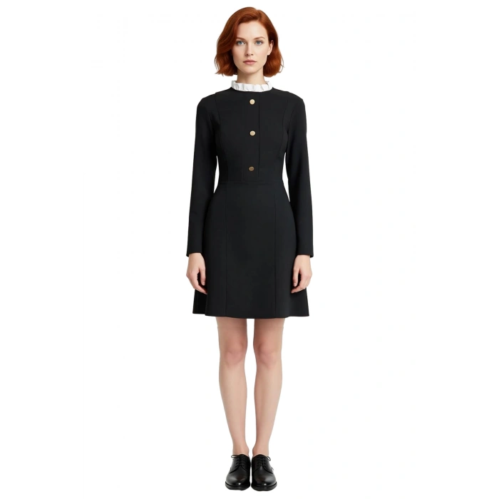 Kadın Smart Dik Yaka Uzun Kollu Dokuma A Kesim Düğmeli Mini Elbise Kış Sonbahar İçin İdeal Şıklık
