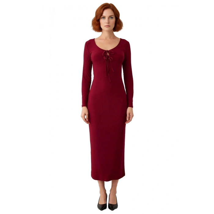 Kadın Smart Kesim Havuz Yaka Bağlama Detaylı Uzun Kol Bodycon Örme Maxi Abiye Elbise Kaliteli