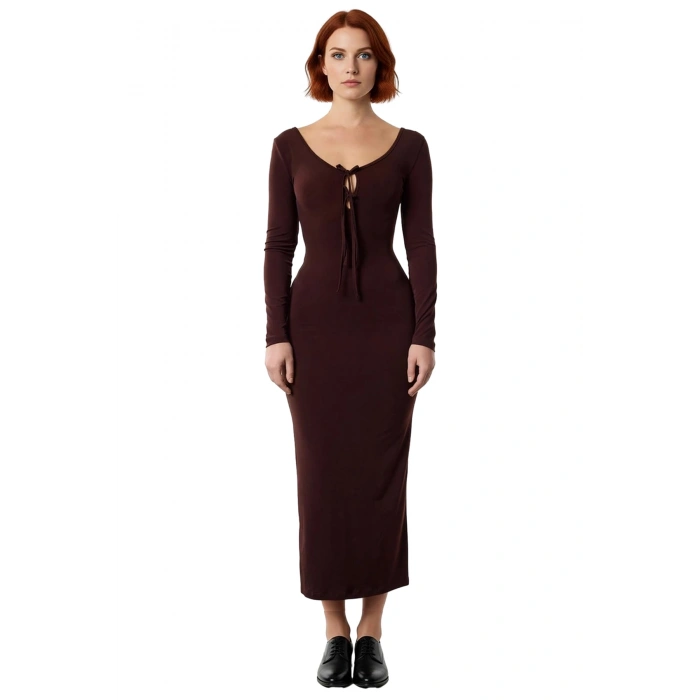 Kadın Smart Kesim Havuz Yaka Bağlama Detaylı Uzun Kol Bodycon Örme Maxi Abiye Elbise Kaliteli