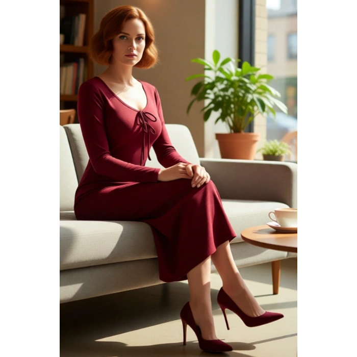 Kadın Smart Kesim Havuz Yaka Bağlama Detaylı Uzun Kol Bodycon Örme Maxi Abiye Elbise Kaliteli