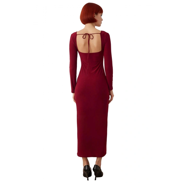 Kadın Smart Kesim Havuz Yaka Bağlama Detaylı Uzun Kol Bodycon Örme Maxi Abiye Elbise Kaliteli