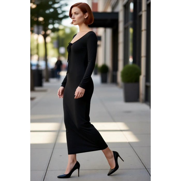 Kadın Smart Kesim Havuz Yaka Bağlama Detaylı Uzun Kol Bodycon Örme Maxi Abiye Elbise Kaliteli