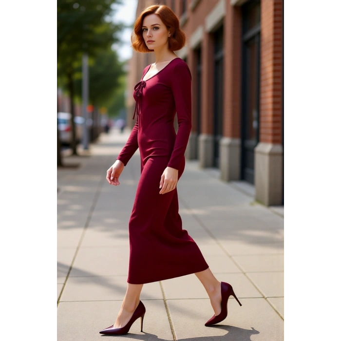 Kadın Smart Kesim Havuz Yaka Bağlama Detaylı Uzun Kol Bodycon Örme Maxi Abiye Elbise Kaliteli