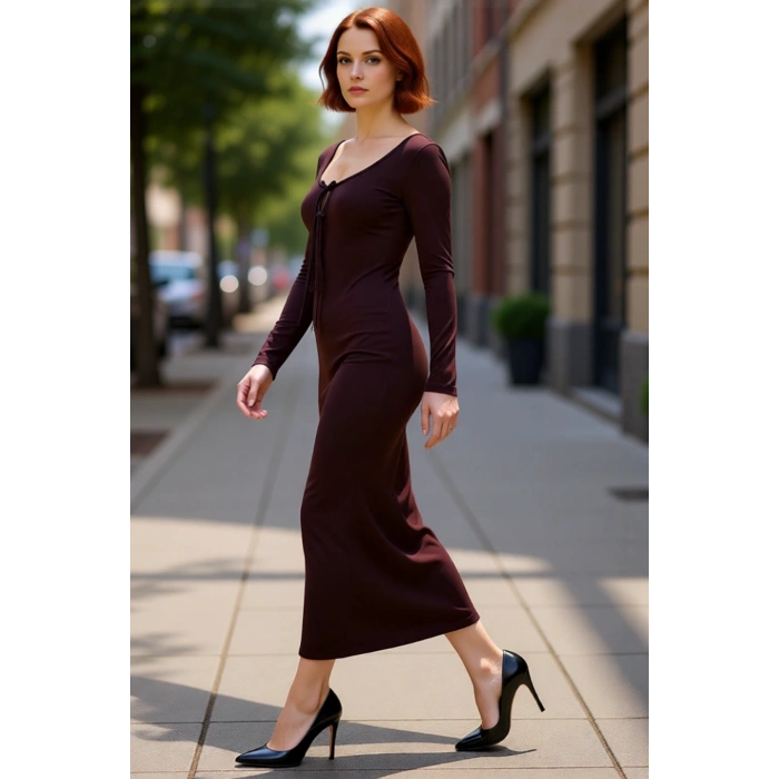 Kadın Smart Kesim Havuz Yaka Bağlama Detaylı Uzun Kol Bodycon Örme Maxi Abiye Elbise Kaliteli