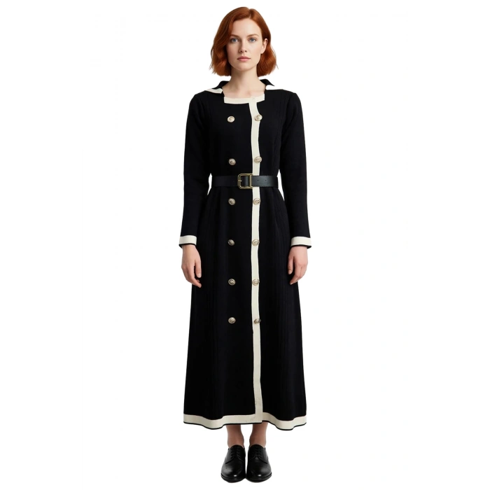 Kadın Smart Office A Line Kuşaklı Düğmeli Triko Elbise Ceket Yaka Uzun Kollu Kış Stili Kaliteli