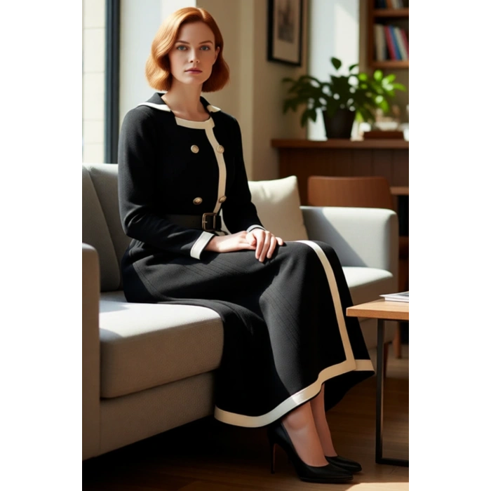 Kadın Smart Office A Line Kuşaklı Düğmeli Triko Elbise Ceket Yaka Uzun Kollu Kış Stili Kaliteli