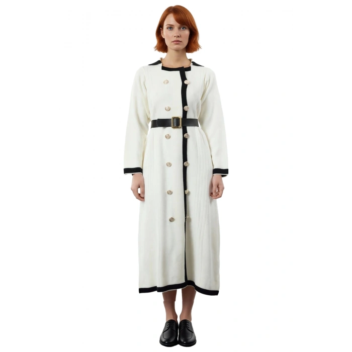 Kadın Smart Office A Line Kuşaklı Düğmeli Triko Elbise Ceket Yaka Uzun Kollu Kış Stili Kaliteli