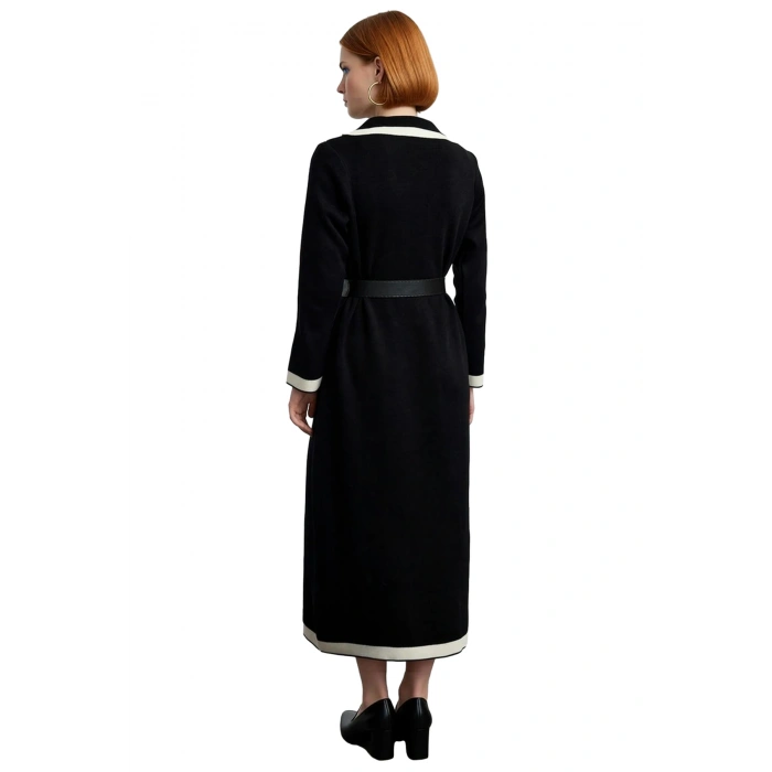 Kadın Smart Office A Line Kuşaklı Düğmeli Triko Elbise Ceket Yaka Uzun Kollu Kış Stili Kaliteli
