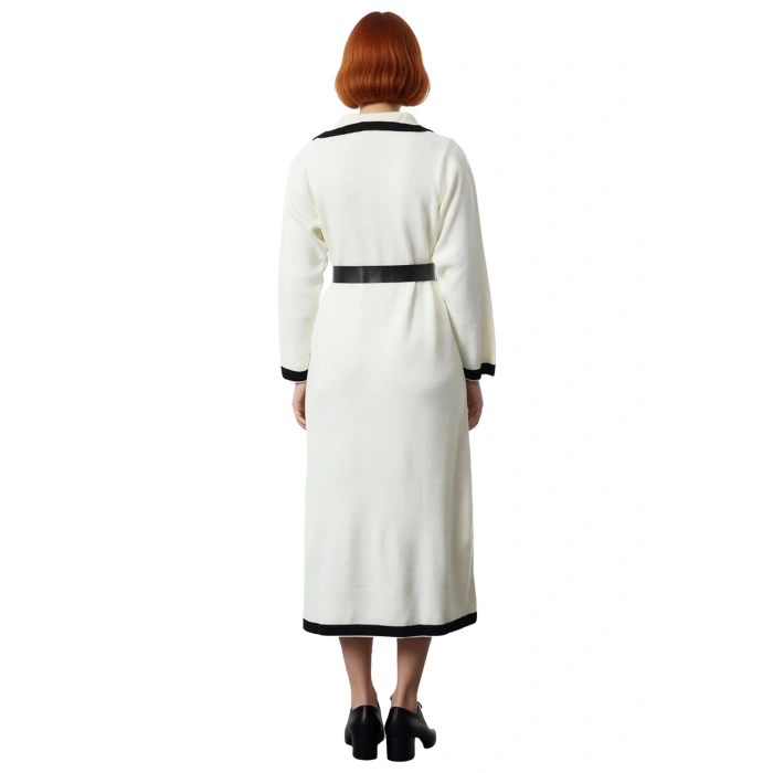 Kadın Smart Office A Line Kuşaklı Düğmeli Triko Elbise Ceket Yaka Uzun Kollu Kış Stili Kaliteli