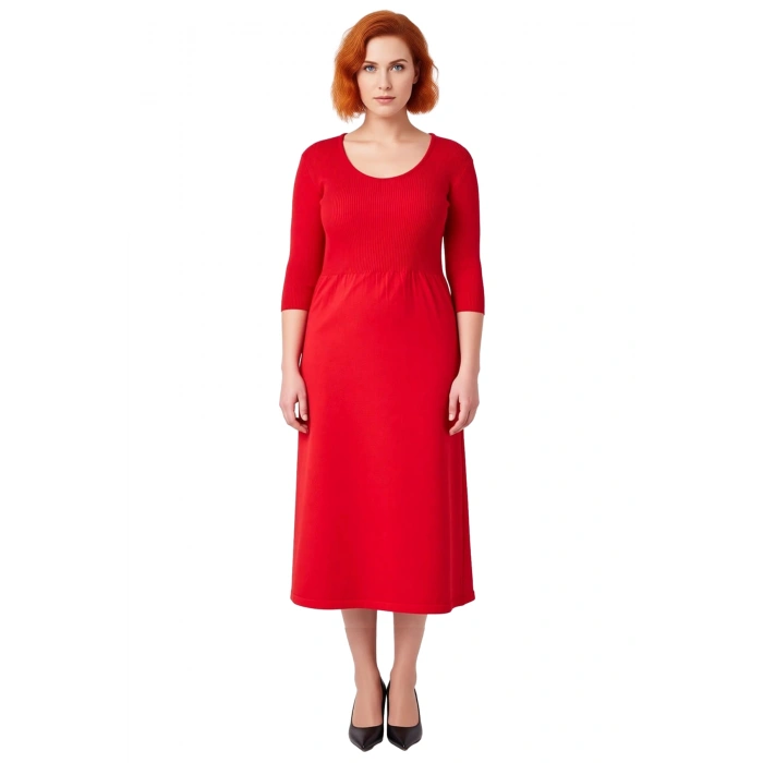 Kadın Smart Ofis Casual Günlük Kullanım Midi Triko A Line Havuz Yaka Truvakar Kol Elbise Kaliteli