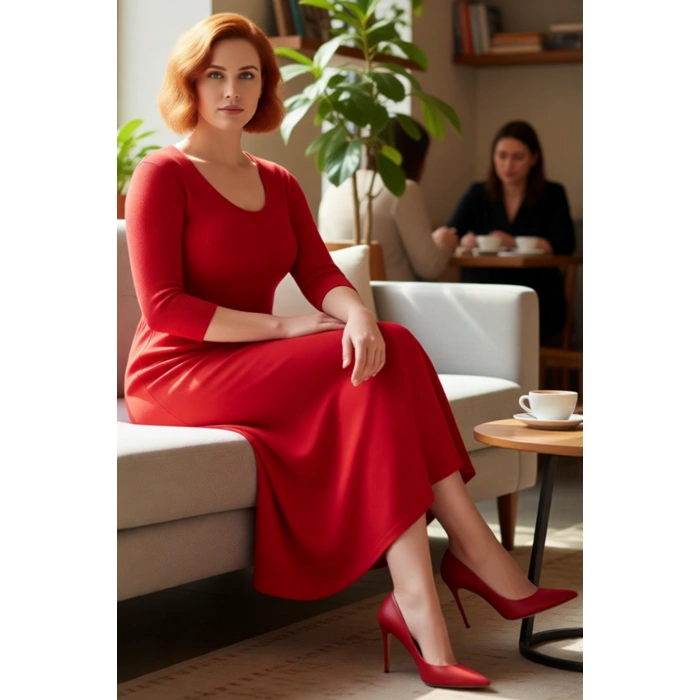 Kadın Smart Ofis Casual Günlük Kullanım Midi Triko A Line Havuz Yaka Truvakar Kol Elbise Kaliteli