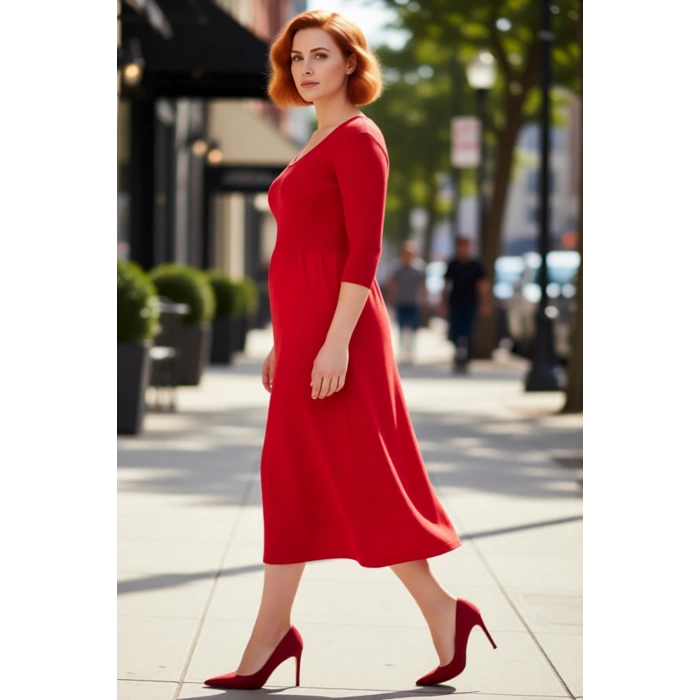 Kadın Smart Ofis Casual Günlük Kullanım Midi Triko A Line Havuz Yaka Truvakar Kol Elbise Kaliteli