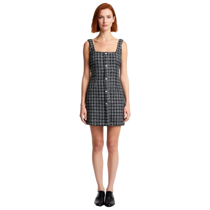 Kadın Smart Siyah Kareli Tüvit Mini Elbise Kalın Askılı Düz Kesim Sonbahar Kış Stili Kaliteli