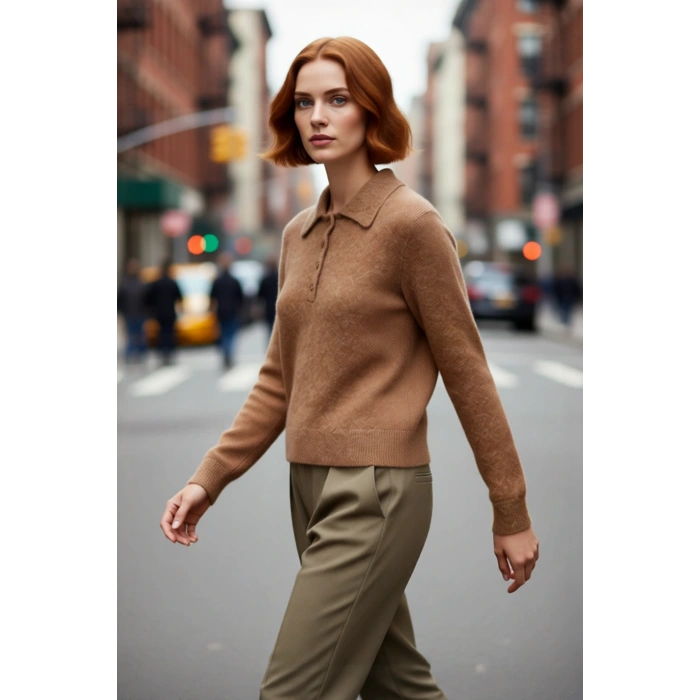 Kadın Soğuk Hava Şıklığı Polo Yaka Regular Kalıp Triko Kazak Konforlu ve Modern Görünüm Sağlar