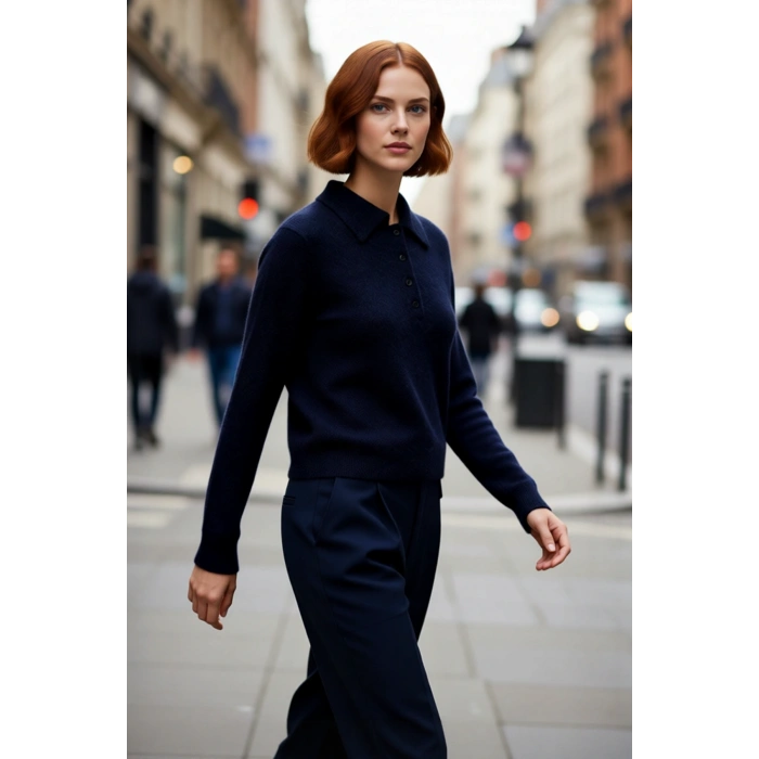 Kadın Soğuk Hava Şıklığı Polo Yaka Regular Kalıp Triko Kazak Konforlu ve Modern Görünüm Sağlar