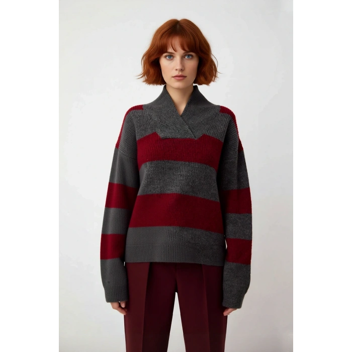 Kadın Soğuk Havalar İçin Oversize Düşük Kol V Yaka Çizgili Triko Kazak Trend Tasarım Kaliteli