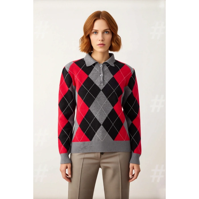 Kadın Soğuk Havaların Gözdesi Baklava Desenli Polo Yaka Triko Kazak Konforlu ve Şık Kaliteli