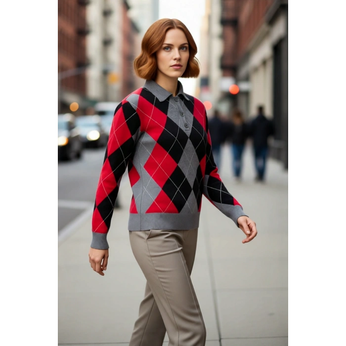 Kadın Soğuk Havaların Gözdesi Baklava Desenli Polo Yaka Triko Kazak Konforlu ve Şık Kaliteli