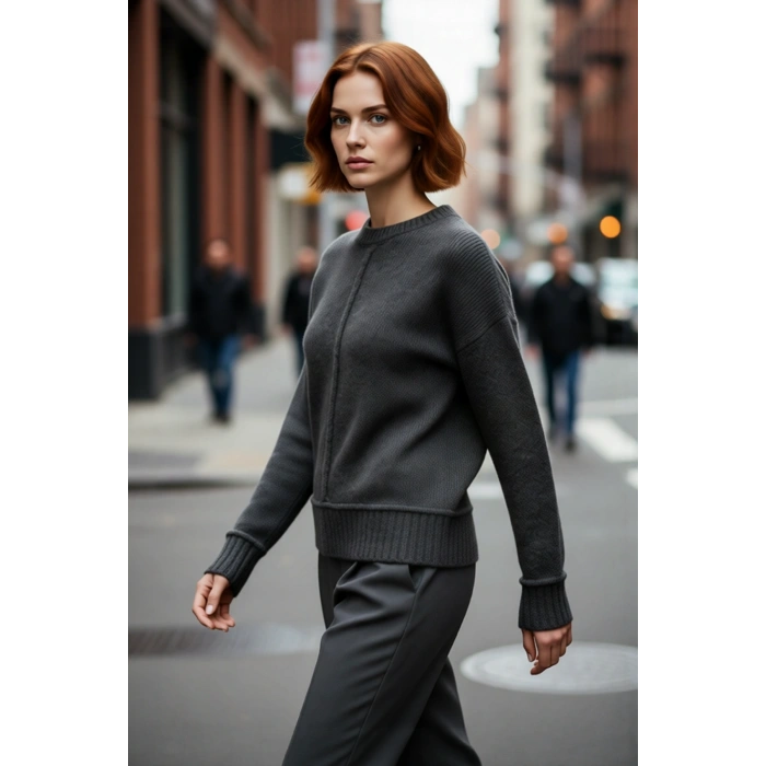 Kadın Soğuk Havaların Kurtarıcısı Oversize Kalın Düz Desen Triko Kazak Düşük Kol Gri Kaliteli