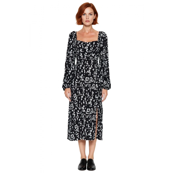 Kadın Soyut Desenli A Kesim Midi Boy Kalp Yaka Balon Kol Detaylı Uzun Kollu Yırtmaçlı Elbise